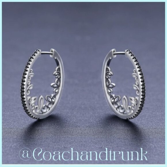 Filigree Silver Black Spinel Sim Channel Set Vintage Style Hoop Earrings NWT - Picture 4 of 6